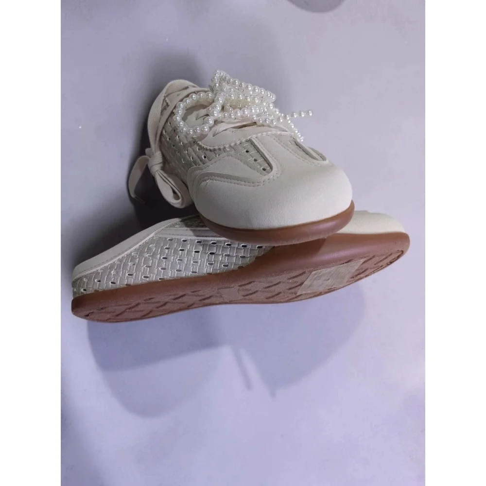 Top Moda Womens Woven Mesh Mule Sneakers with Faux Pearl Bow Accents Slip Ons